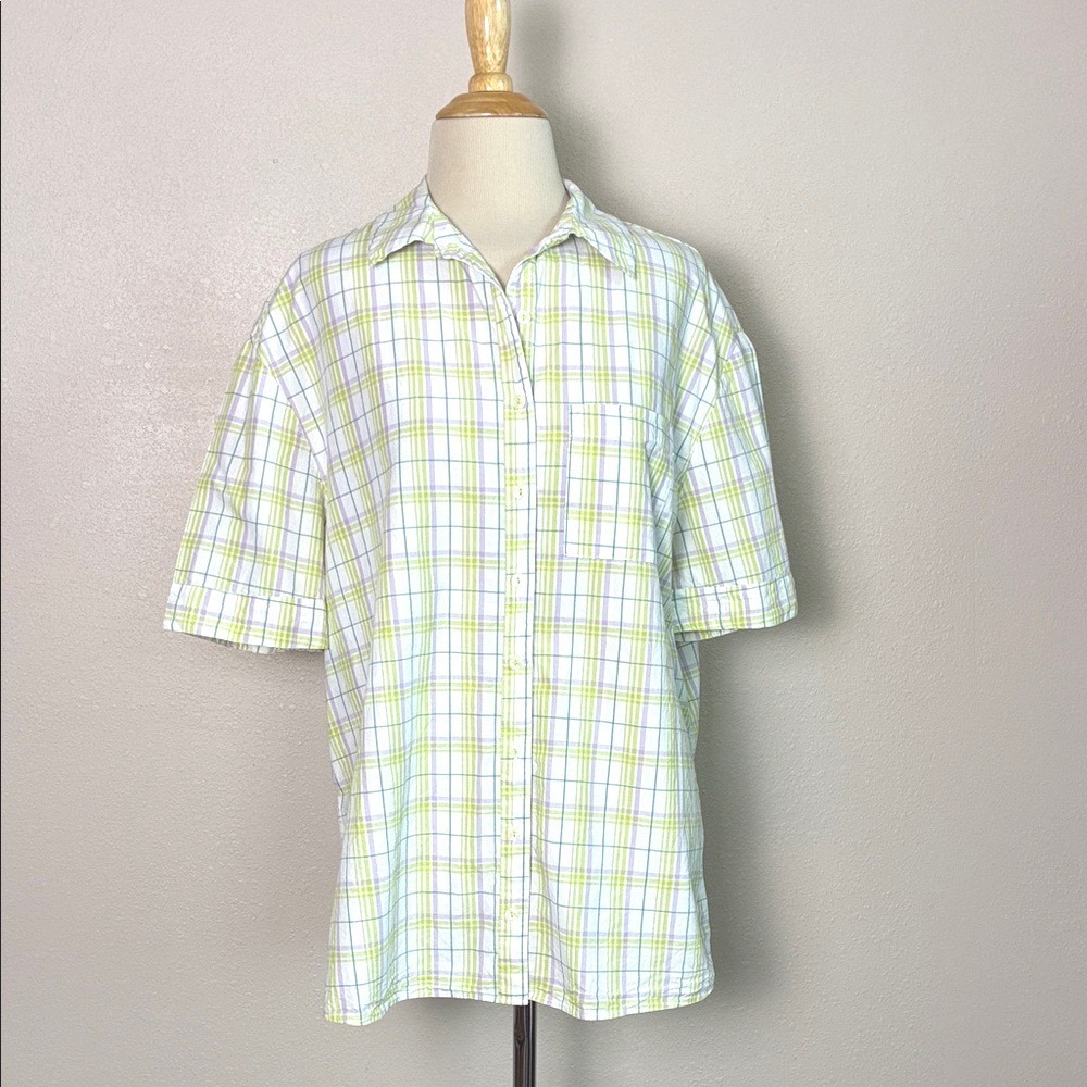 By ANTHROPOLOGIE Small Cotton‎ White Green Purple Plaid Boyfriend Button Up Top